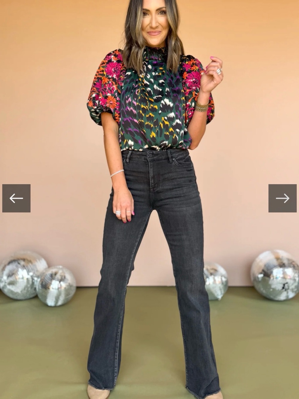 THML Hunter Green Print Mock Frill Neck Embroidered Sleeve Top - Picture 7 of 12